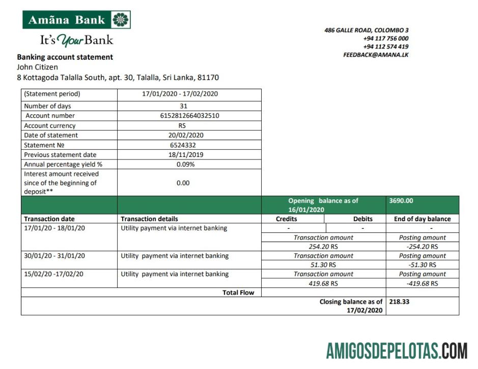 Modelo de comprovante de endereço do Sri Lanka Amana Bank para download em formato Word e PDF